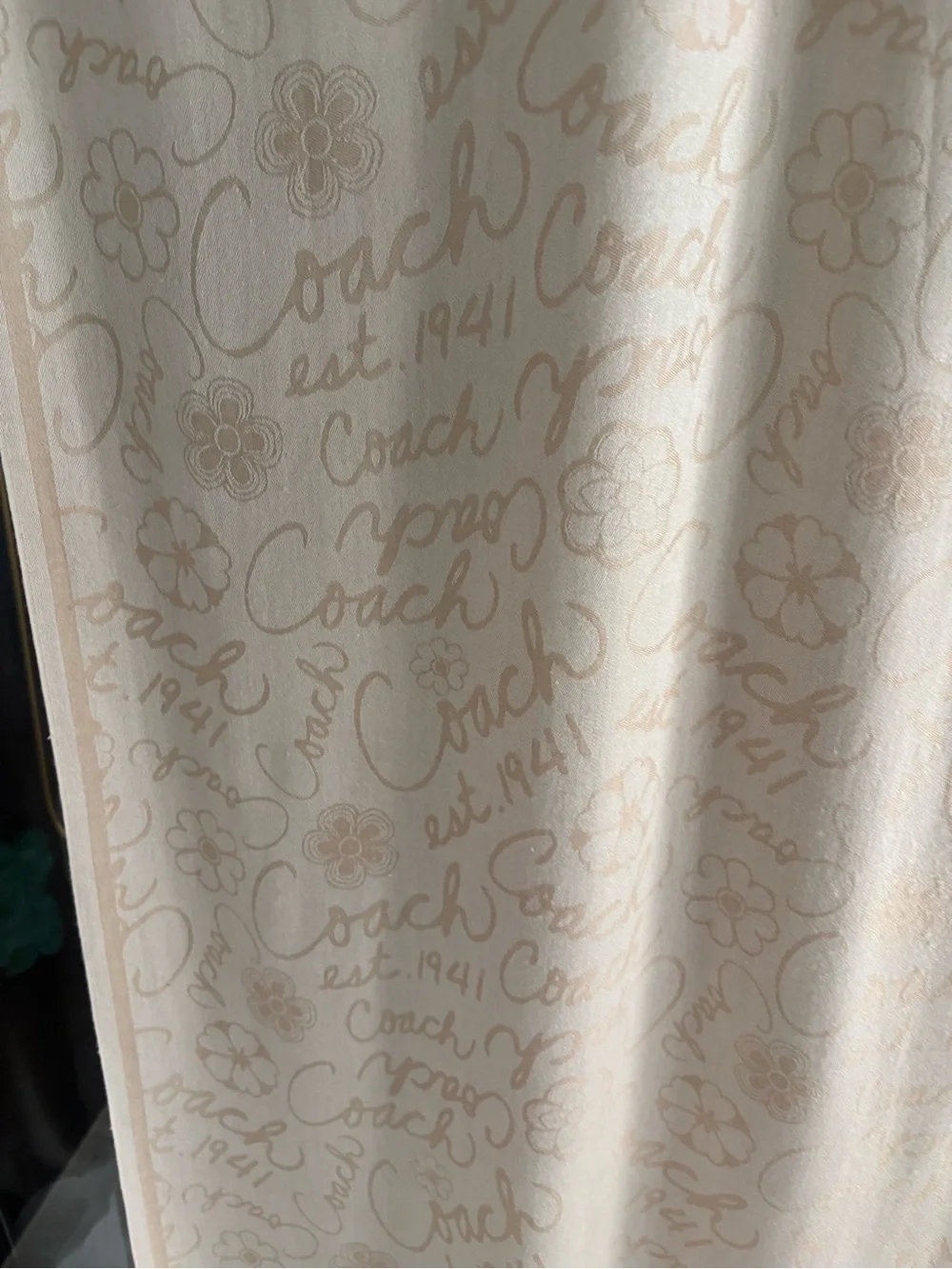 Coach Cream Script-Print scarf pashmina shawl with flowers logo silk wool As Is
